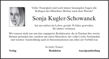 Traueranzeige von Sonja Kugler-Schowanek von MERKUR & TZ