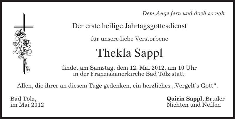  Traueranzeige für Thekla Sappl vom 10.05.2012 aus MERKUR & TZ