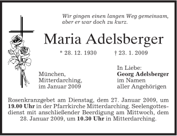 Traueranzeige von Maria Adelsberger von MERKUR & TZ