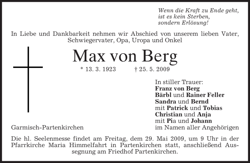  Traueranzeige für Max von Berg vom 27.05.2009 aus MERKUR & TZ