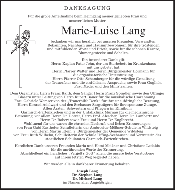 Traueranzeige von Marie-Luise Lang von MERKUR & TZ