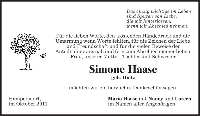  Traueranzeige für Simone Haase vom 01.10.2011 aus MERKUR & TZ