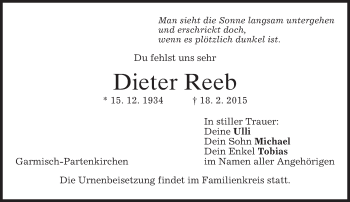 Traueranzeige von Dieter Reeb von merkurtz