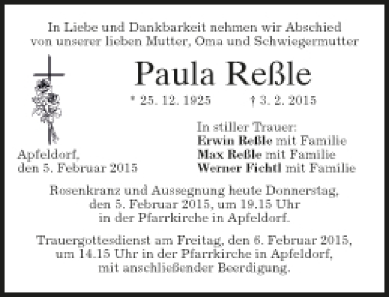  Traueranzeige für Paula Reßle vom 05.02.2015 aus Münchener Merkur
