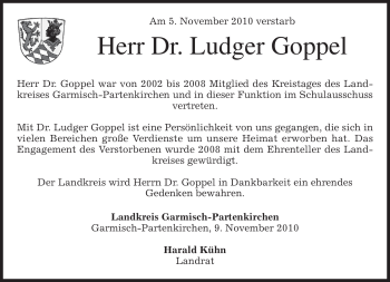 Traueranzeige von Ludger Goppel von MERKUR & TZ