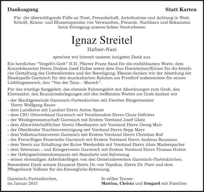  Traueranzeige für Ignaz Streitel vom 31.01.2015 aus merkurtz