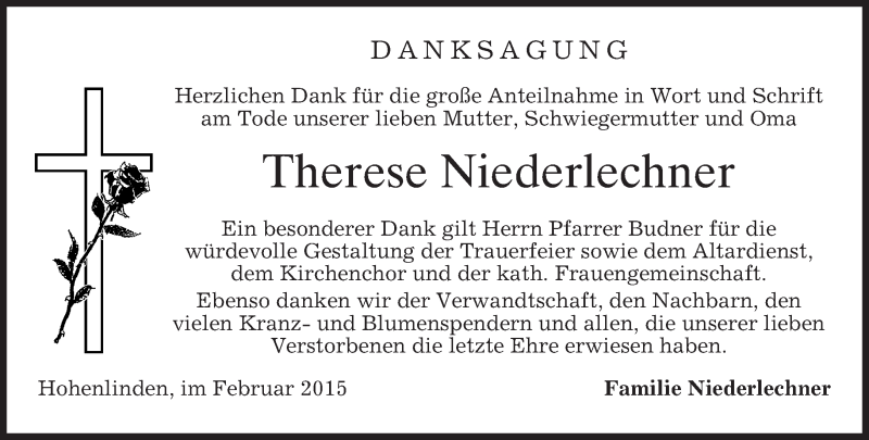  Traueranzeige für Therese Niederlechner vom 28.02.2015 aus merkurtz