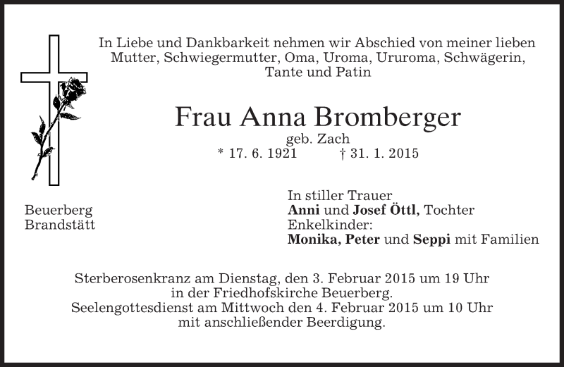  Traueranzeige für Anna Bromberger vom 03.02.2015 aus merkurtz