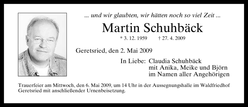  Traueranzeige für Martin Schuhbäck vom 02.05.2009 aus MERKUR & TZ