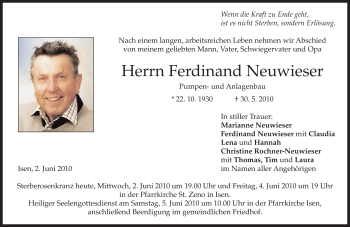 Traueranzeige von Ferdinand Neuwieser von MERKUR & TZ