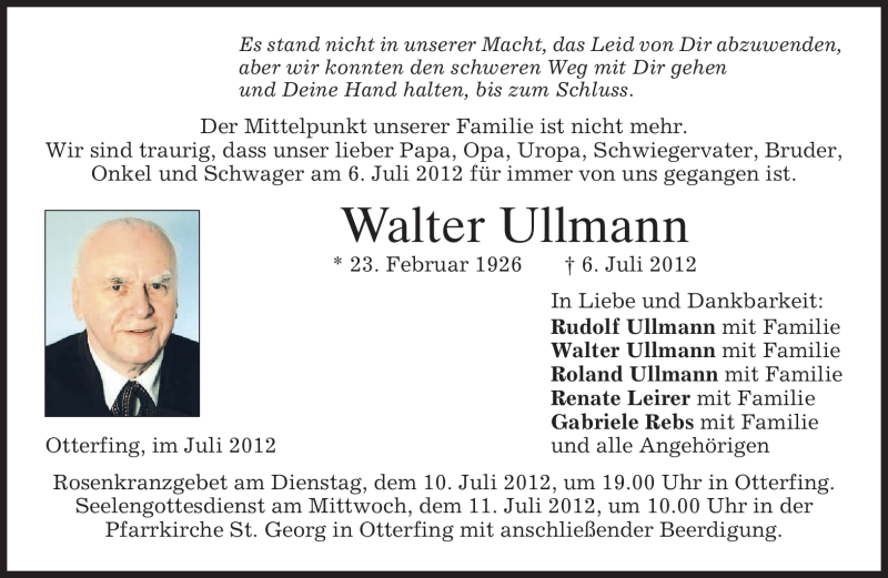  Traueranzeige für Walter Ullmann vom 09.07.2012 aus MERKUR & TZ
