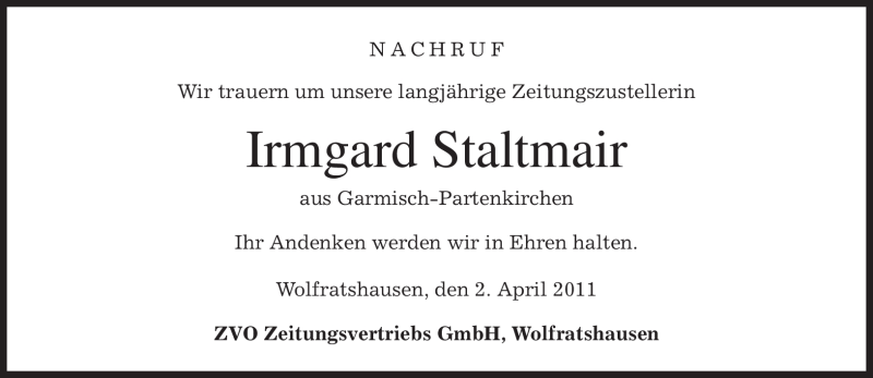  Traueranzeige für Irmgard Staltmair vom 02.04.2011 aus MERKUR & TZ