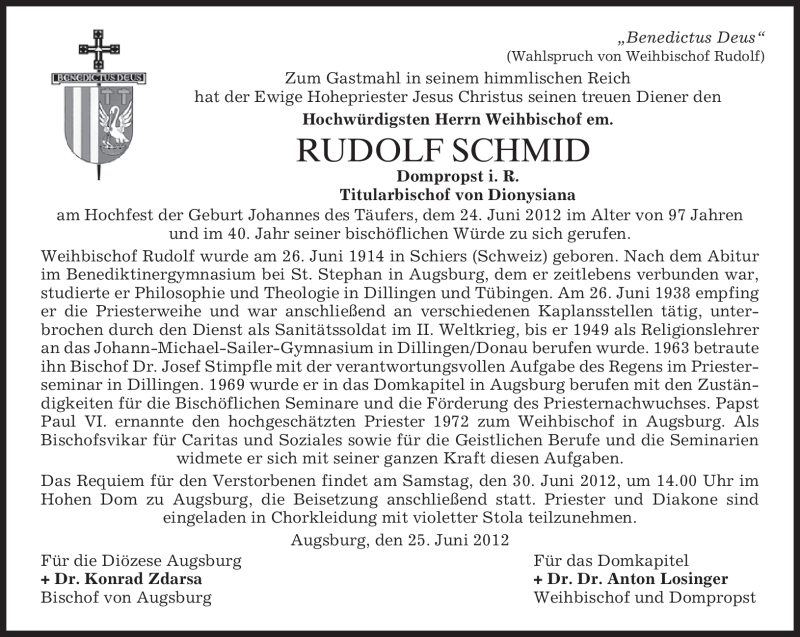  Traueranzeige für Rudolf Schmid vom 26.06.2012 aus MERKUR & TZ