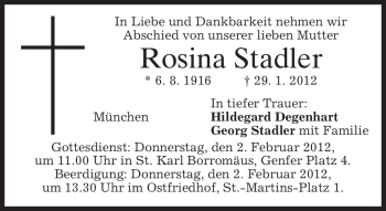 Traueranzeige von Rosina Stadler von MERKUR & TZ