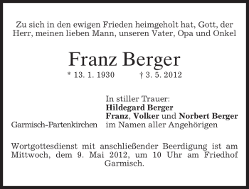 Traueranzeige von Franz Berger von MERKUR & TZ
