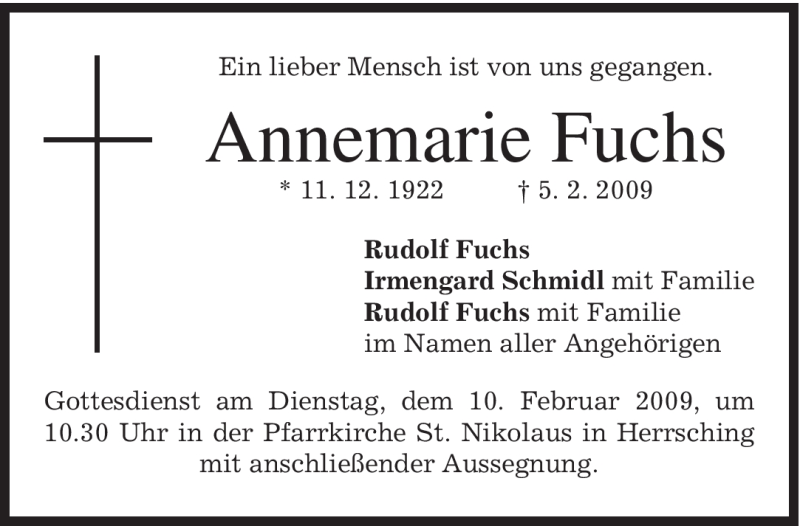  Traueranzeige für Annemarie Fuchs vom 07.02.2009 aus MERKUR & TZ