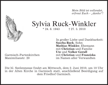 Traueranzeige von Sylvia Ruck-Winkler von MERKUR & TZ