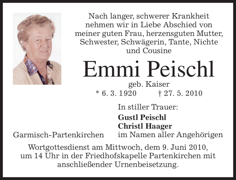  Traueranzeige für Emmi Peischl vom 08.06.2010 aus MERKUR & TZ