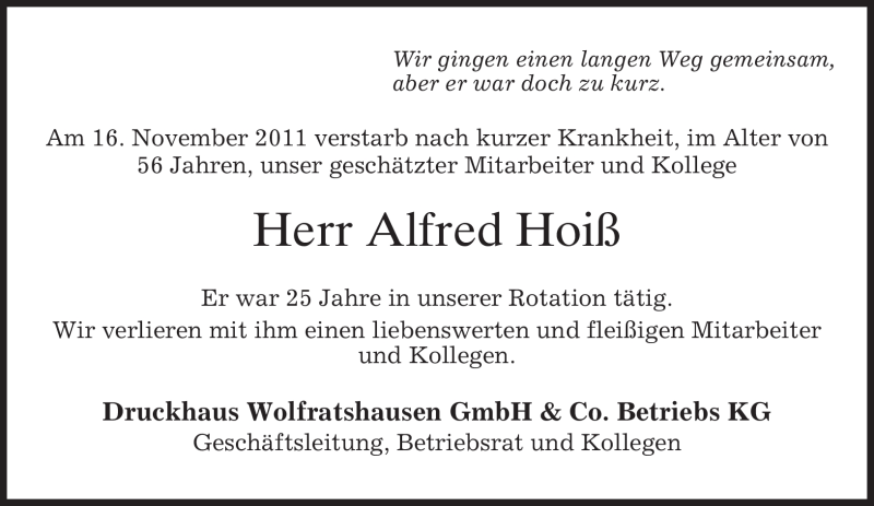  Traueranzeige für Alfred Hoiß vom 18.11.2011 aus MERKUR & TZ