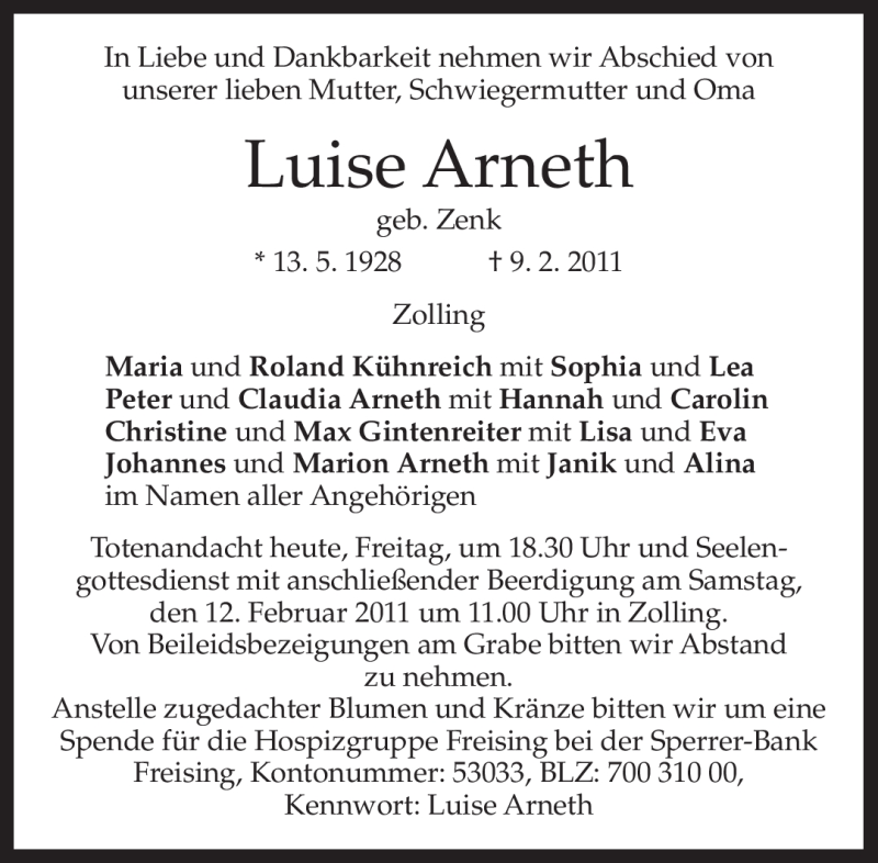  Traueranzeige für Luise Arneth vom 11.02.2011 aus MERKUR & TZ