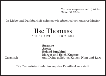 Traueranzeige von Ilse Thomass von MERKUR & TZ