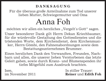 Traueranzeige von Anna Foh von MERKUR & TZ