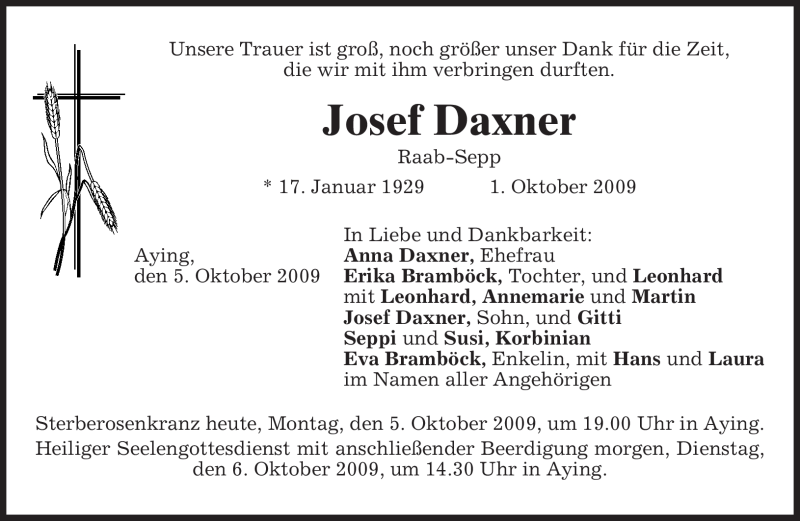  Traueranzeige für Josef Daxner vom 05.10.2009 aus MERKUR & TZ
