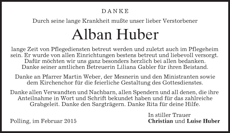  Traueranzeige für Alban Huber vom 21.02.2015 aus merkurtz