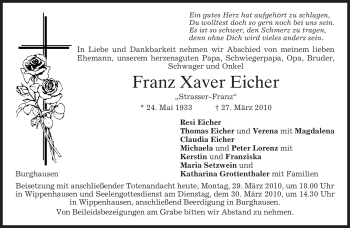 Traueranzeige von Franz Xaver Eicher von MERKUR & TZ