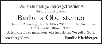 Traueranzeige von Barbara Obersteiner von MERKUR & TZ
