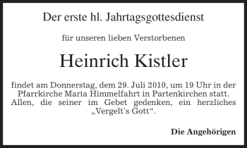 Traueranzeigen von Heinrich Kistler | trauer.merkur.de