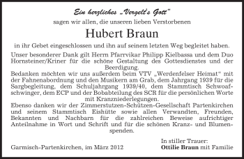 Traueranzeige von Hubert Braun von MERKUR & TZ