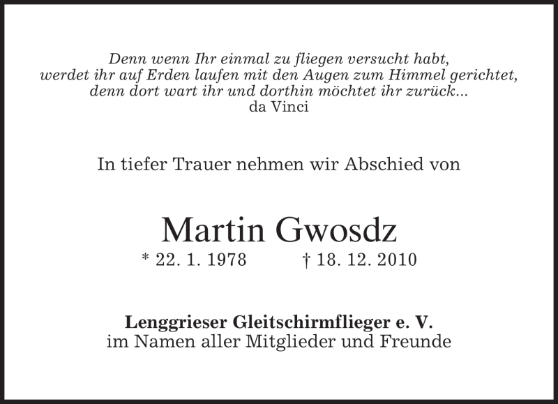  Traueranzeige für Martin Gwosdz vom 21.12.2010 aus MERKUR & TZ