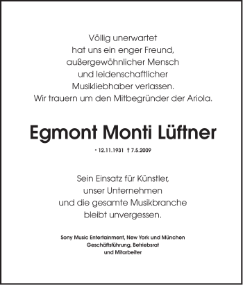 Traueranzeige von Egmont Monti Lüftner von MERKUR & TZ
