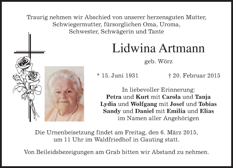  Traueranzeige für Lidwina Artmann vom 28.02.2015 aus merkurtz