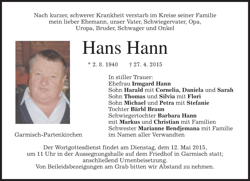  Traueranzeige für Hans Hann vom 08.05.2015 aus merkurtz