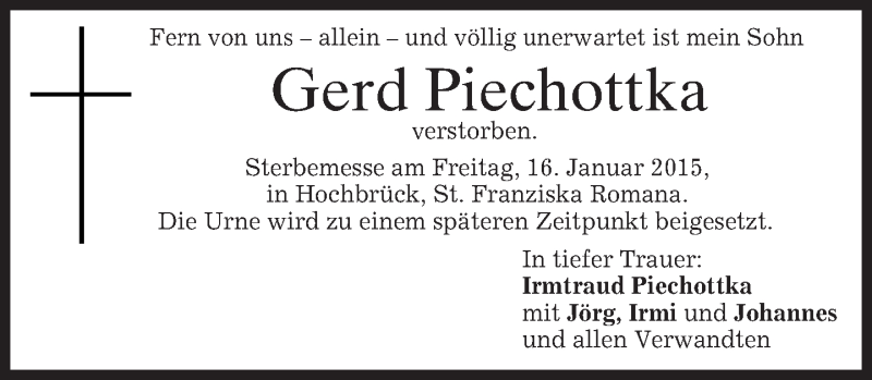  Traueranzeige für Gerd Piechottka vom 15.01.2015 aus merkurtz