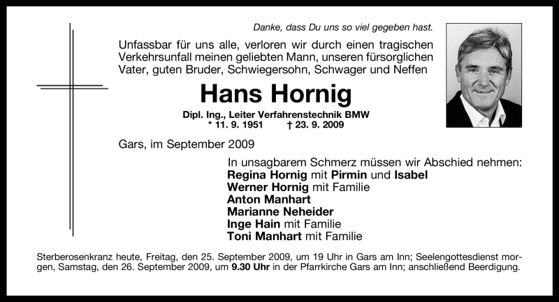  Traueranzeige für Hans Hornig vom 25.09.2009 aus MERKUR & TZ