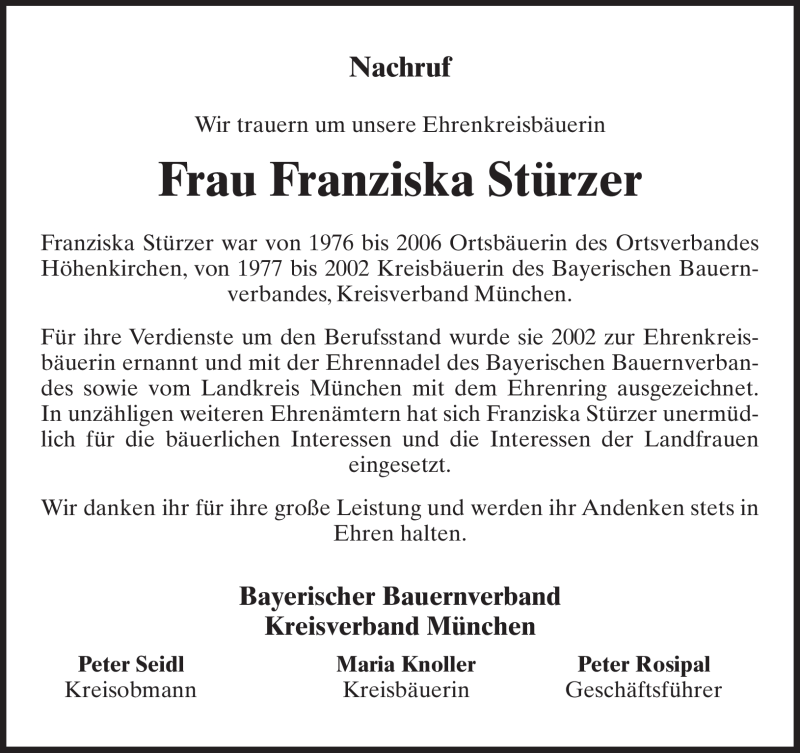  Traueranzeige für Franziska Stürzer vom 10.11.2009 aus MERKUR & TZ