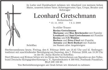 Traueranzeige von Leonhard Gretschmann von MERKUR & TZ