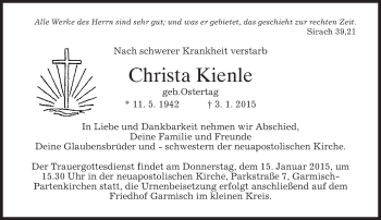 Traueranzeige von Christa Kienle von merkurtz