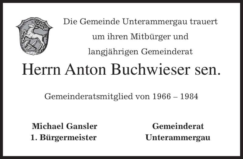  Traueranzeige für Anton Buchwieser vom 01.08.2012 aus MERKUR & TZ