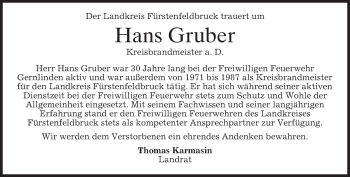 Traueranzeige von Hans Gruber von merkurtz