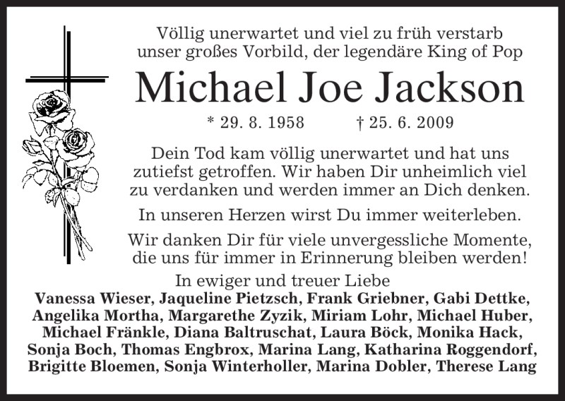  Traueranzeige für Michael Jackson vom 01.07.2009 aus MERKUR & TZ