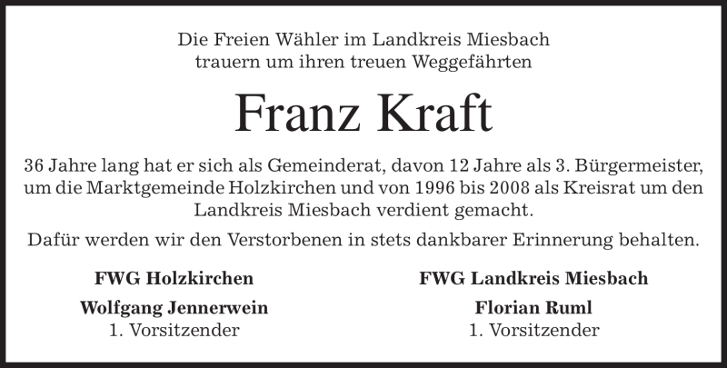  Traueranzeige für Franz Kraft vom 14.05.2009 aus MERKUR & TZ