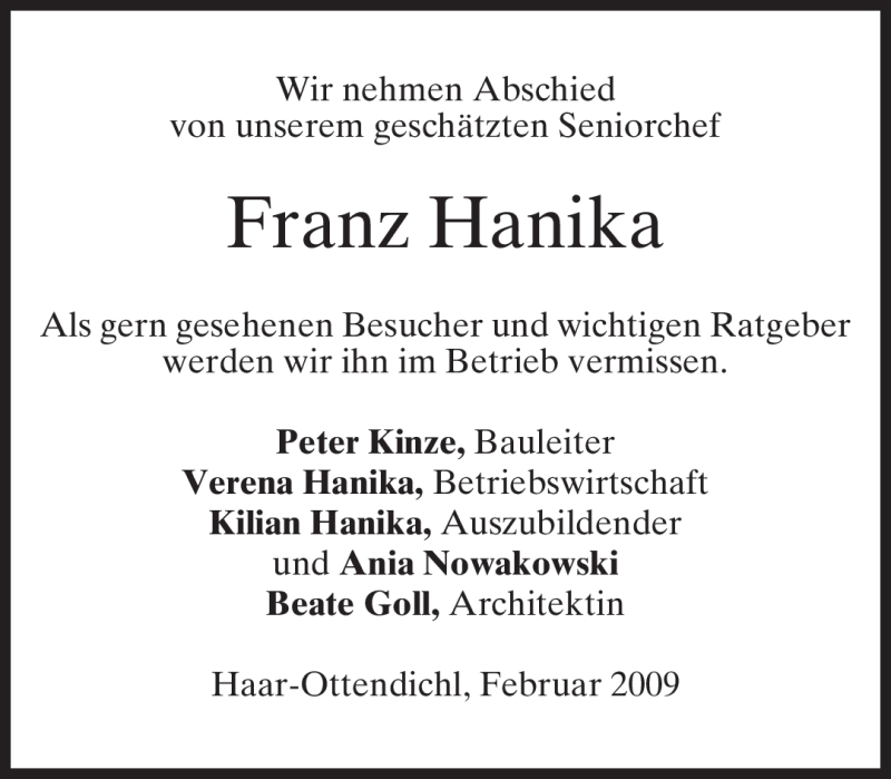  Traueranzeige für Franz Hanika vom 10.02.2009 aus MERKUR & TZ