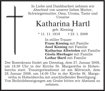 Traueranzeige von Katharina Hartl von MERKUR & TZ