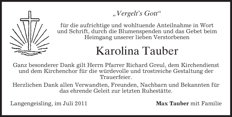  Traueranzeige für Karolina Tauber vom 02.07.2011 aus MERKUR & TZ