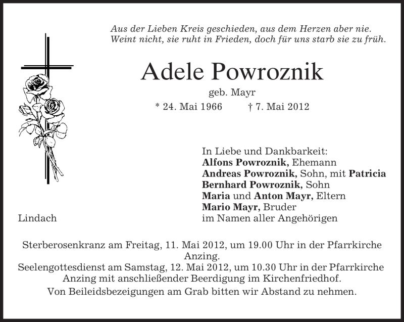  Traueranzeige für Adele Powroznik vom 10.05.2012 aus MERKUR & TZ