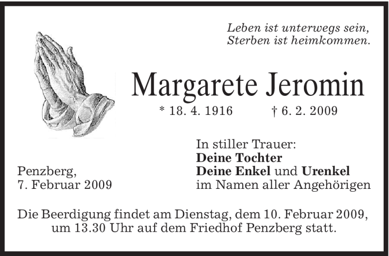  Traueranzeige für Margarete Jeromin vom 07.02.2009 aus MERKUR & TZ